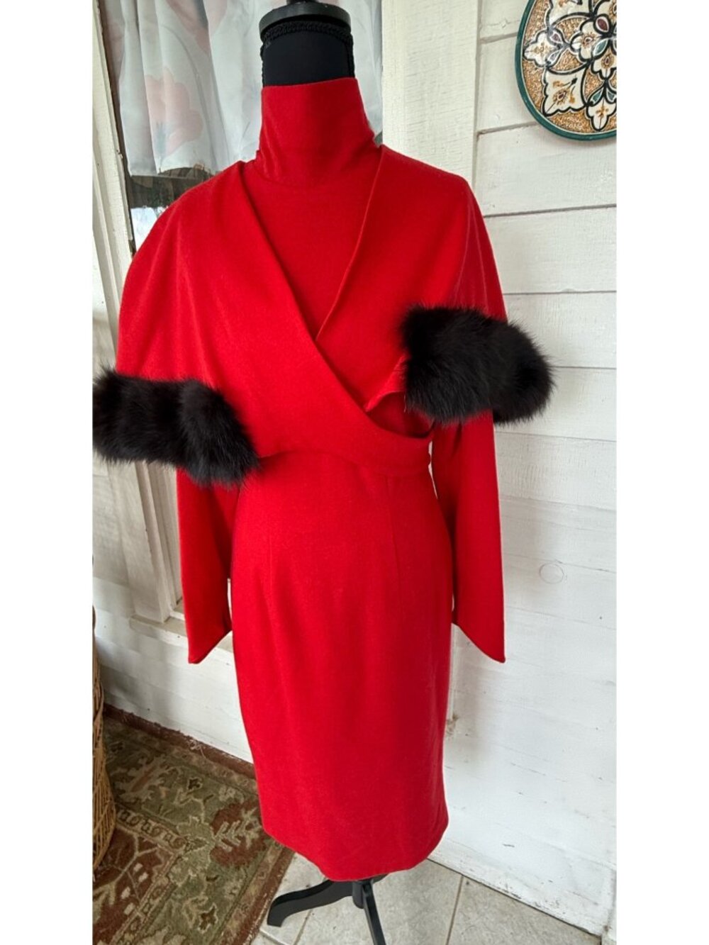 Vintage 60s Claraluna California Red Wool Knit Dress With Fur Trim Shawl Sz S